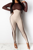 Autumn winter Long Sleeve Round Neck Spliced Color Thread Jumpsuits Q742