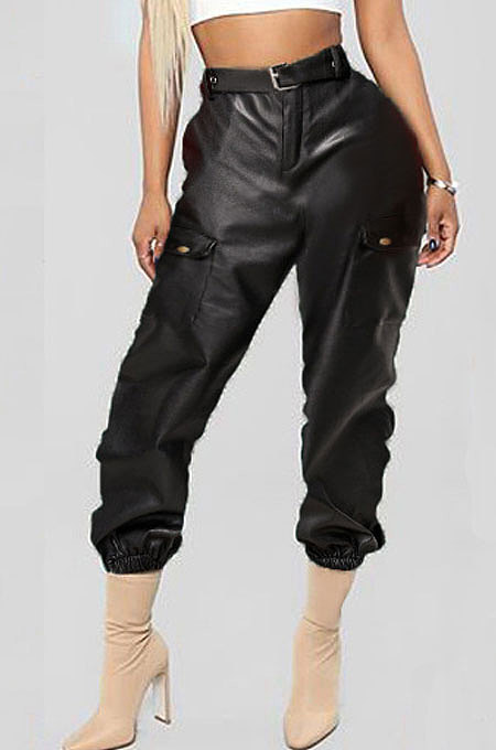 Pure Color Fashion Casual Pants PU Leather Pants Containing Belt LD8575