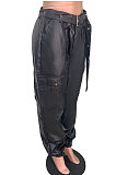 Pure Color Fashion Casual Pants PU Leather Pants Containing Belt LD8575