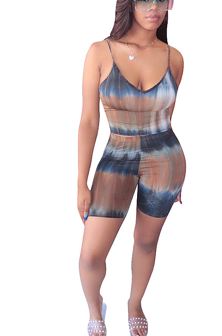 Sexy Tie Dye Sleeveless Strappy Scoop Neck Shorts Sets ZZS8342