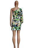 Sexy Long Sleeve Leaf Print Tropical Style Single Sleeve Shoulder Waist Belt Midi Dress LBA0971