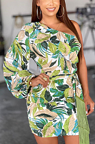Sexy Long Sleeve Leaf Print Tropical Style Single Sleeve Shoulder Waist Belt Midi Dress LBA0971