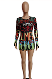 Night Out Sexy Polyester Letter Long Sleeve Round Neck Mini Dress LBA0975
