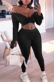 Night Out Sexy Long Sleeve Deep V Neck Off Shoulder Crop Top Long Pants Sets NYY6044