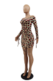 Sexy Polyester Leopard Long Sleeve Self Belted Ruffle Mid Waist Mini Dress MTY6362