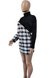 Spliced Long Sleeve Round Neck Plaid Short Skirt Knit Dress WSY5808