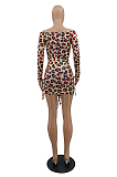 Sexy Polyester Leopard Long Sleeve Self Belted Ruffle Mid Waist Mini Dress MTY6362