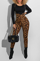 Casual Leopard Colorblock Plaid Long Sleeve Round Neck Tee Top Suspenders Long Pants Sets KZ203