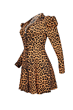 Luxe Elegant Leopard Long Sleeve Lapel Neck Buttoned A line Dress FFE049