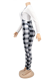 Casual Leopard Colorblock Plaid Long Sleeve Round Neck Tee Top Suspenders Long Pants Sets KZ203