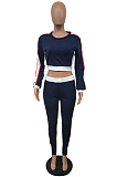 Casual Sporty Long Sleeve Round Neck Spliced Capris Pants Sets LD8076