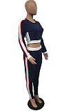 Casual Sporty Long Sleeve Round Neck Spliced Capris Pants Sets LD8076