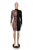 Night Out Sexy Mesh Long Sleeve Round Neck Spliced Midi Dress CY1300