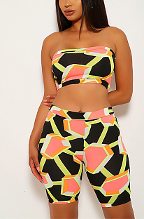 Casual Simplee Geometric Graphic Off Shoulder Bandeau Bra Shorts Sets SH7103