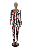 Casual Polyester Striped Mouth Graphic Long Sleeve V Neck Jumpsuit SDD9460