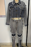 Casual Long Sleeve Lapel Neck Spliced Tassel Hem Long Pants Denim Jacket Sets LD8773-1