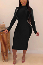 Sexy Pure Color Long Sleeve Round Neck Long Dress SH7158