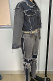 Casual Long Sleeve Lapel Neck Spliced Tassel Hem Long Pants Denim Jacket Sets LD8773-1