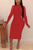 Sexy Pure Color Long Sleeve Round Neck Long Dress SH7158