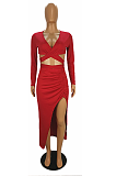 Sexy Long Sleeve Deep V Neck Shirred Detail Hollow Out Skirts Sets SH7102