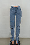 Casual Cotton Blend Long Sleeve Self Belted Mid Waist Wide Leg Pants Jeans FFE035