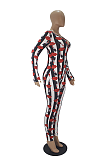 Casual Polyester Striped Mouth Graphic Long Sleeve V Neck Jumpsuit SDD9460