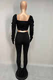 Casual Simplee Long Sleeve Square Neck Puff Sleeve Flare Leg Pants Sets XQ1074