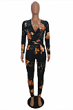 Casual Sexy Floral Long Sleeve Deep V Neck Waist Tie Bodycon Jumpsuit SH7119