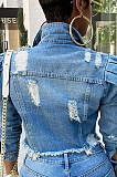Sexy Long Sleeve Lapel Neck Buttoned Spliced Tassel Hem Denim Jacket SMR9925