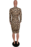 Sexy Leopard Long Sleeve Ruffle Midi Dress HM5405