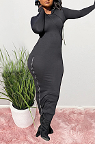 Sexy Polyester Long Sleeve Zipper Round Neck Split Hem Long Dress S6260