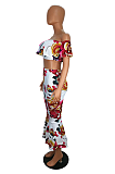Sexy Floral Short Sleeve Off Shoulder Flounce Crop Top Midi Skirt Sets SH7112