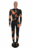 Casual Sexy Floral Long Sleeve Deep V Neck Waist Tie Bodycon Jumpsuit SH7119