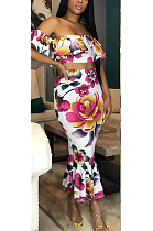 Sexy Floral Short Sleeve Off Shoulder Flounce Crop Top Midi Skirt Sets SH7112