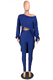Casual Polyester Long Sleeve Round Neck Irregular Tee Top Mid Waist Long Pants Sets HH8955