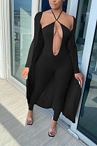 Street Style Long Sleeve Longline Top Sexy Sleeveless Cold Shoulder Bodycon Jumpsuit Sets BS1244
