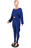 Casual Polyester Long Sleeve Round Neck Irregular Tee Top Mid Waist Long Pants Sets HH8955