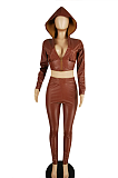 Casual Polyester Long Sleeve V Neck Tee Top Mid Waist Long Pants Sets YYZ525