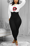Casual Mouth Graphic Long Sleeve Round Neck Spliced Bodycon Jumpsuit YZM7122