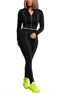 Casual Polyester Long Sleeve Round Neck Spliced Tee Top Long Pants Sets SM9132