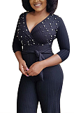 Casual Cotton Striped Long Sleeve V Neck Spliced Bodycon Jumpsuit F8135