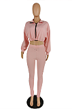 Casual Polyester Long Sleeve Knotted Strap Zipper Crop Top Long Pants Sets E8554