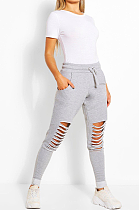 Casual Sporty Waist Tie Ripped Mid Waist Long Pants LD8569