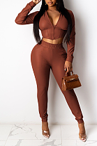 Casual Polyester Long Sleeve V Neck Tee Top Mid Waist Long Pants Sets YYZ525