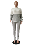 Casual Polyester Geometric Graphic Long Sleeve Round Neck Spliced Tee Top Long Pants Sets TRS1093