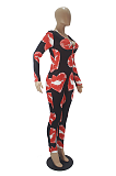 Casual Simplee Mouth Graphic Long Sleeve V Neck Bodycon Jumpsuit SDD9461