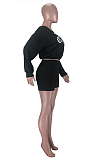 Casual Letter Long Sleeve Round Neck Embroidered Tee Top Shorts Sets TZ1172
