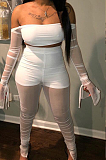 Sexy Nylon Long Sleeve Off Shoulder Shirred Detail Crop Top Long Pants Sets DN8342
