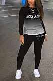 Casual Letter Long Sleeve Round Neck Gradients Tee Top Long Pants Sets WJ5121