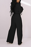 Casual Long Sleeve Lapel Neck Rib-Knit Tee Top Long Pants Wide Leg Pants Sets LYL171